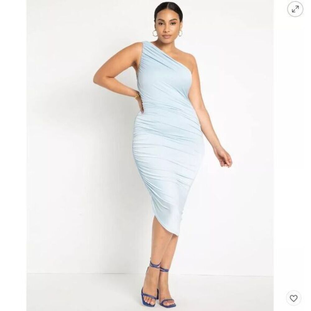 Eloquii Ruched One Shoulder Dress skyride blue ruched asymmetrical midi, size 16 - Picture 13 of 15